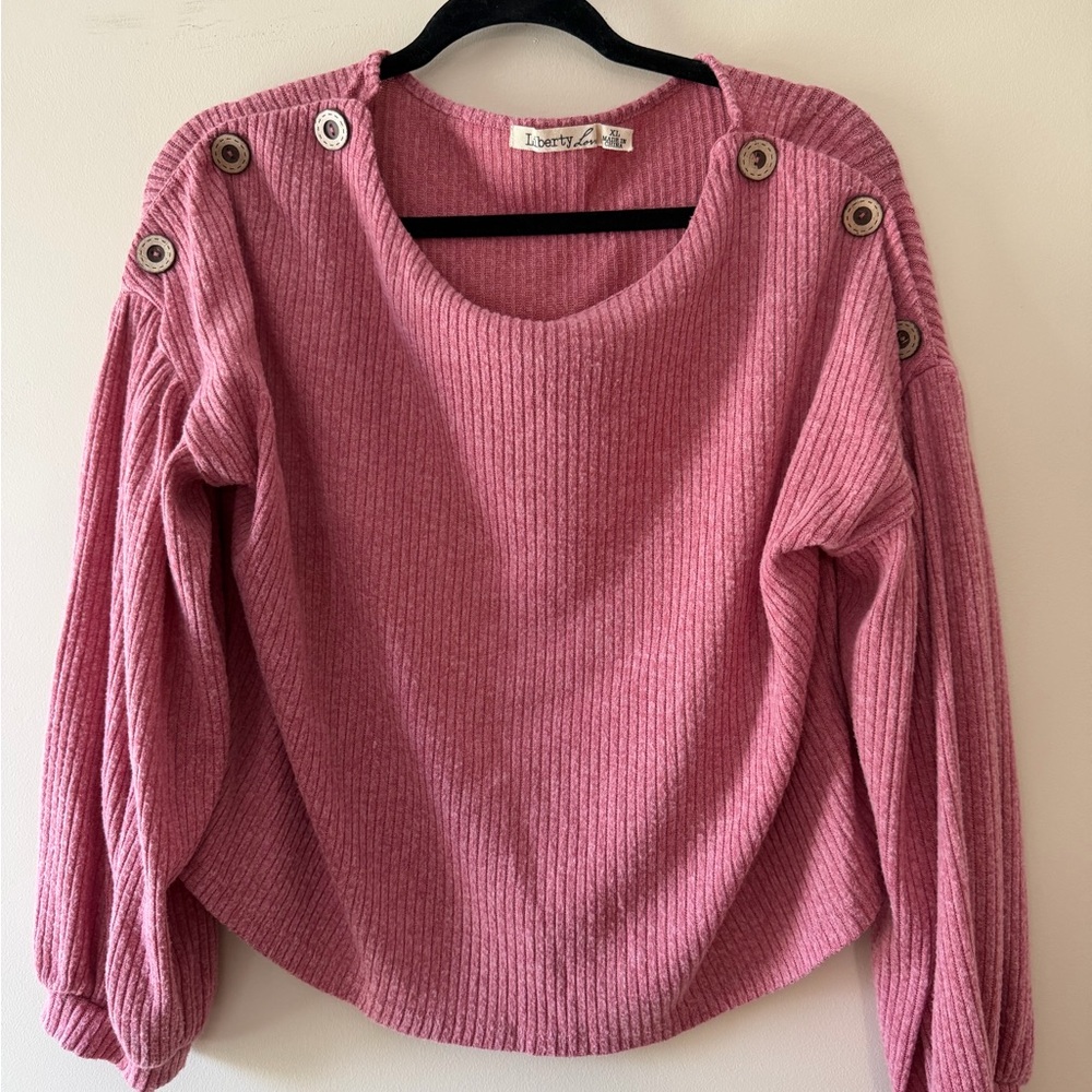 Liberty Love Pink Ribbed Scoop Neck Sweater with Shoulder Buttons
